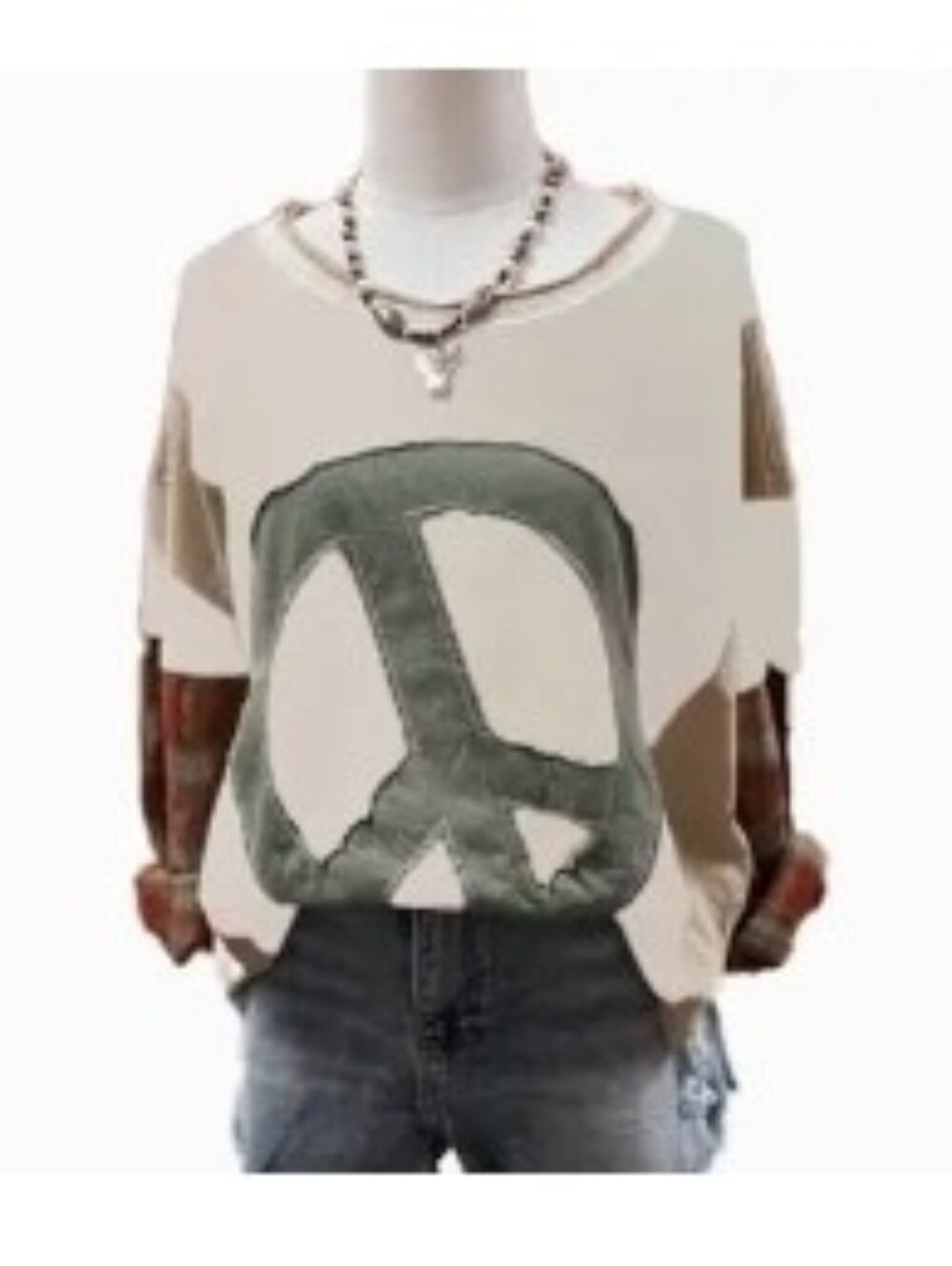 Oversized Boho Peace Sign Mixed Fabric Sleeve Top Size S L
